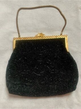 Vintage Bonnie’s Hand Made in Hong Kong black beaded evening purse, satin lining